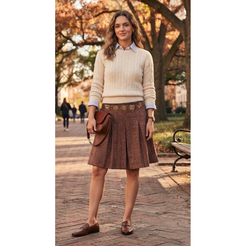 Ann Taylor LOFT Brown Herringbone Wool Blend Pleated A-Line Skirt Embroidered 6